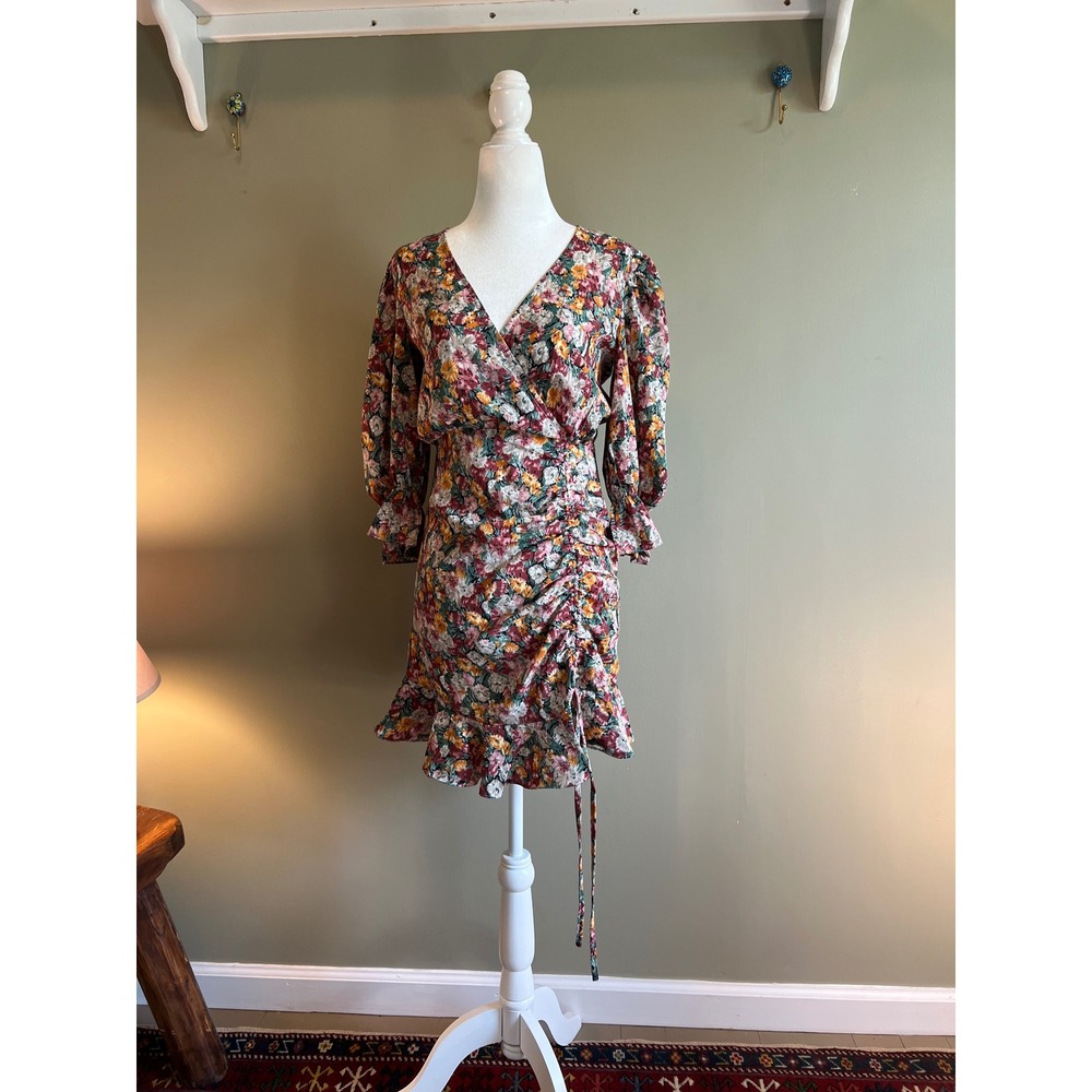 Boohoo Petite Floral Ruched Wrap Mini Dress Multi Color‎ Puff Sleeve Size 4 NWT
